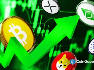 Moedas de Bitcoin, XRP, Cardano e Shiba Inu com seta verde indicando alta no mercado de criptomoedas