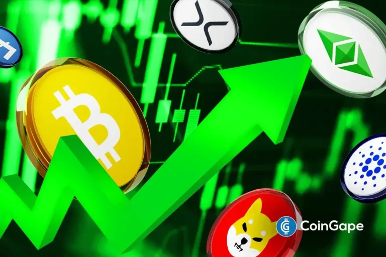 Moedas de Bitcoin, XRP, Cardano e Shiba Inu com seta verde indicando alta no mercado de criptomoedas