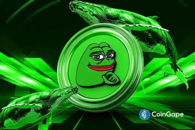 Ilustração digital da criptomoeda Pepe Coin com logo do sapo verde sobre fundo tecnológico