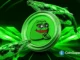 Ilustração digital da criptomoeda Pepe Coin com logo do sapo verde sobre fundo tecnológico