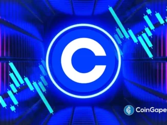 Logo da Coinbase em destaque sobre fundo azul com gráficos de candlestick representando negociações para aquisição da BVNK por US$ 2 bilhões.