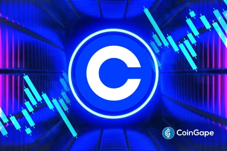 Logo da Coinbase em destaque sobre fundo azul com gráficos de candlestick representando negociações para aquisição da BVNK por US$ 2 bilhões.