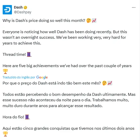 Captura de tela do tweet oficial da conta @Dashpay questionando o excelente desempenho do preço da DASH no mês.