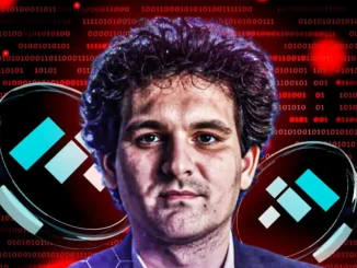 Ilustração digital de Sam Bankman-Fried cercado por códigos binários vermelhos e logos da exchange FTX.