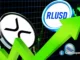 Logo do XRP e símbolo RLUSD com seta verde ascendente sobre gráfico de trading em fundo azul escuro.