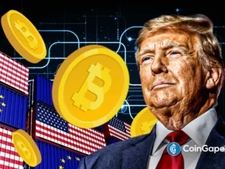 Ilustração mostrando Donald Trump com moedas de Bitcoin flutuando ao redor, bandeiras americanas e europeias ao fundo, representando impacto político nas criptomoedas.