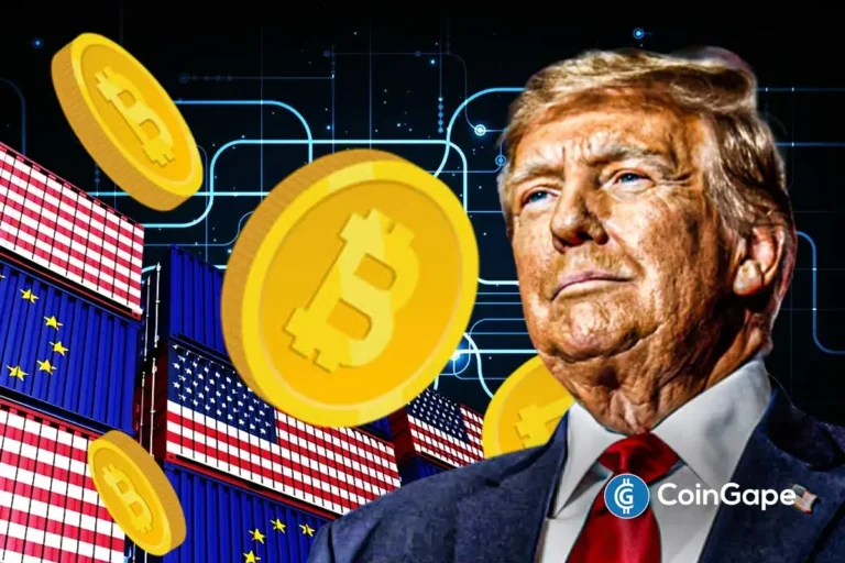 Ilustração mostrando Donald Trump com moedas de Bitcoin flutuando ao redor, bandeiras americanas e europeias ao fundo, representando impacto político nas criptomoedas.