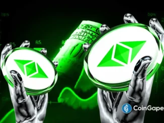 Ilustração artística de mãos robóticas segurando tokens ETH com dados financeiros verdes