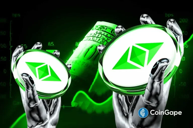 Ilustração artística de mãos robóticas segurando tokens ETH com dados financeiros verdes