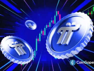 Ilustração 3D de moedas Pi coin com gráficos de candlestick em fundo azul futurista da CoinGape.