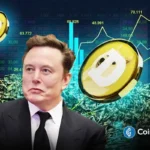 Elon Musk em terno com moedas Dogecoin flutuando e gráficos financiais ao fundo.