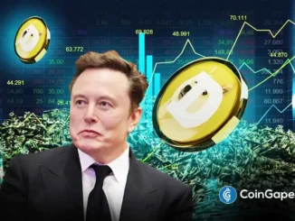 Elon Musk em terno com moedas Dogecoin flutuando e gráficos financiais ao fundo.