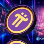 Moeda digital Pi Network com logo roxo e dourado sobre gráficos de análise técnica coloridos.
