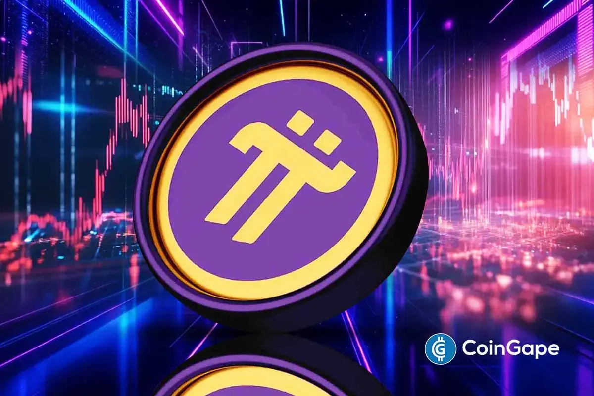 Moeda digital Pi Network com logo roxo e dourado sobre gráficos de análise técnica coloridos.