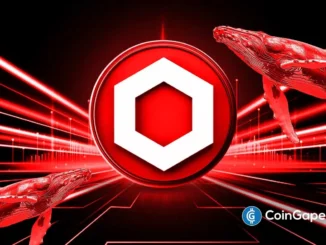 Ilustração artística do logo Chainlink com baleias vermelhas representando pressão vendedora.