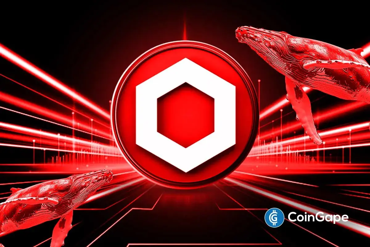 Ilustração artística do logo Chainlink com baleias vermelhas representando pressão vendedora.