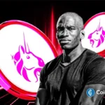 Ilustração de Arthur Hayes com logos da Uniswap em fundo neon vermelho e rosa.