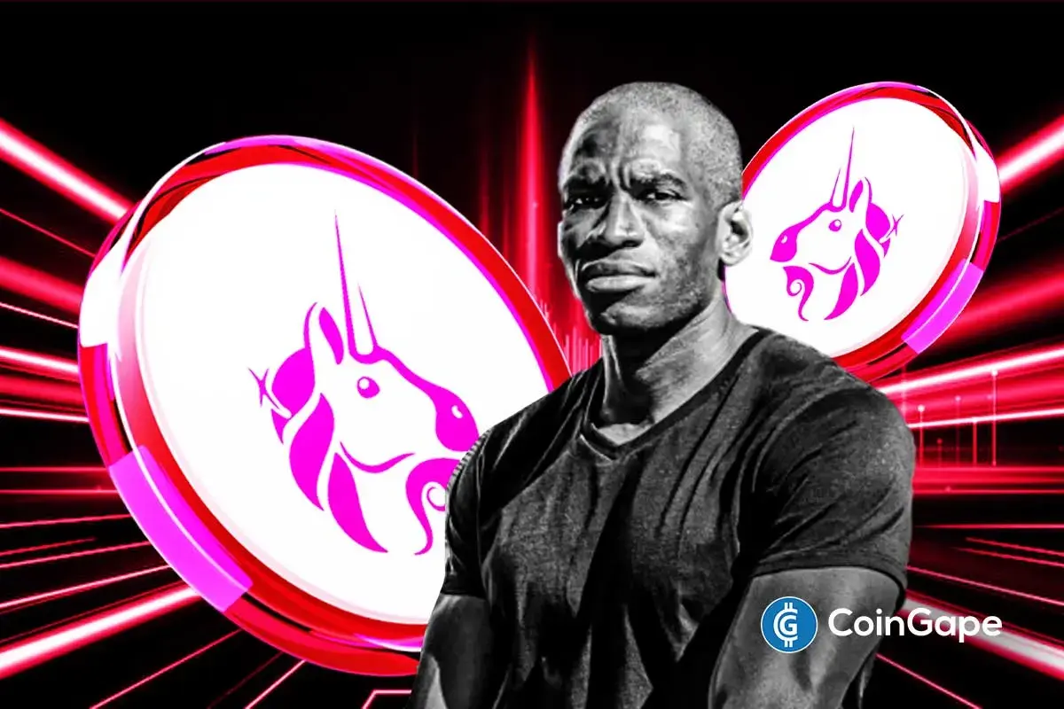 Ilustração de Arthur Hayes com logos da Uniswap em fundo neon vermelho e rosa.