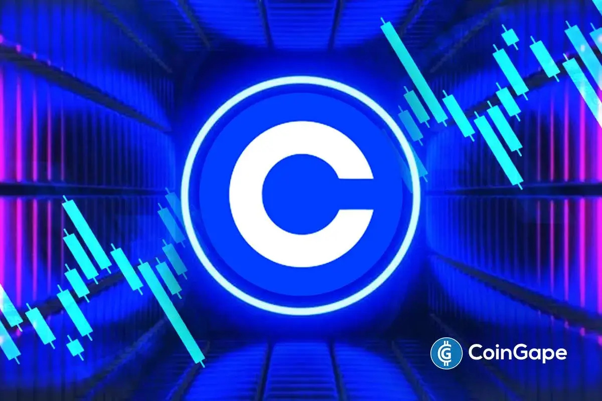 Logo da Coinbase em destaque sobre fundo azul com gráficos de velas de negociação em tons de ciano.