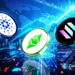 Representação visual das criptomoedas Cardano, Solana e Ethereum.