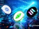 Representação visual das criptomoedas Cardano, Solana e Ethereum.