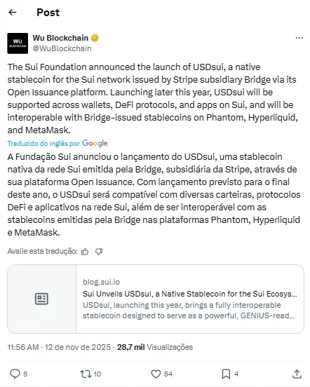 Post da Wu Blockchain sobre USDsui stablecoin nativa da Sui
