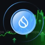 Logotipo da criptomoeda Sui com setas verdes indicando crescimento