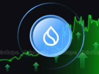 Logotipo da criptomoeda Sui com setas verdes indicando crescimento
