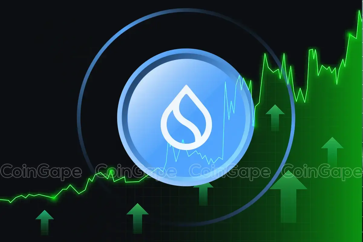 Logotipo da criptomoeda Sui com setas verdes indicando crescimento