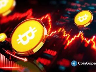 Ilustração conceitual moedas Bitcoin douradas sobre gráficos vermelhos em queda.