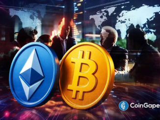 Moedas de Bitcoin e Ethereum em primeiro plano com profissionais do mercado financeiro ao fundo analisando mapas mundiais