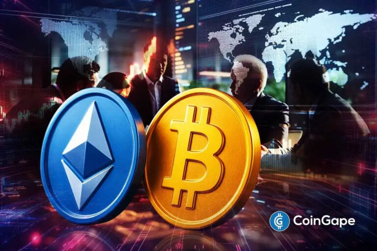 Moedas de Bitcoin e Ethereum em primeiro plano com profissionais do mercado financeiro ao fundo analisando mapas mundiais
