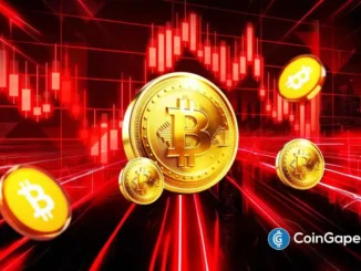 Moedas de Bitcoin douradas em queda com gráfico de candlestick vermelho ao fundo representando movimento de baixa no preço.