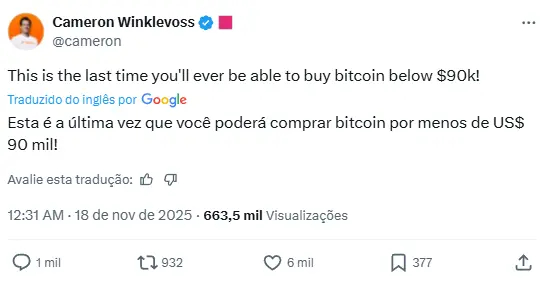 Captura de tela do tweet de Cameron Winklevoss afirmando que esta é a última vez para comprar Bitcoin abaixo de US$ 90 mil.