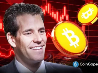 Imagem ilustrativa mostrando Cameron Winklevoss com moedas de Bitcoin e gráfico de queda ao fundo durante correção de mercado.