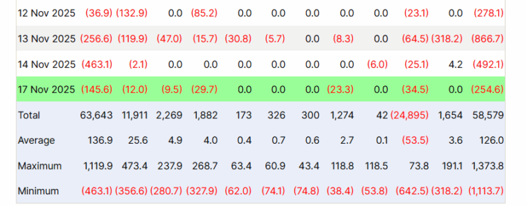 Dados da Farside Investors mostrando fluxo diário de ETFs de Bitcoin nos Estados Unidos com destaque para saída líquida de US$ 254,6 milhões em 17 de novembro.