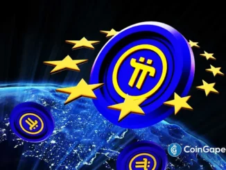 Logo do Pi Network cercado por estrelas douradas da UE com planeta Terra ao fundo.