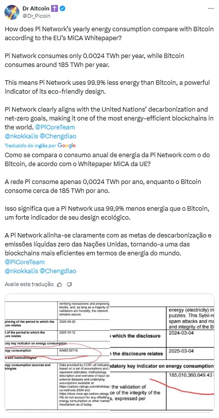 Tweet do Dr Altcoin comparando eficiência energética da Pi Network versus Bitcoin.