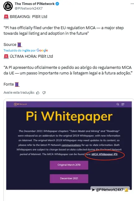 Tweet do Times of Pi Network confirmando protocolo oficial no MiCA da UE