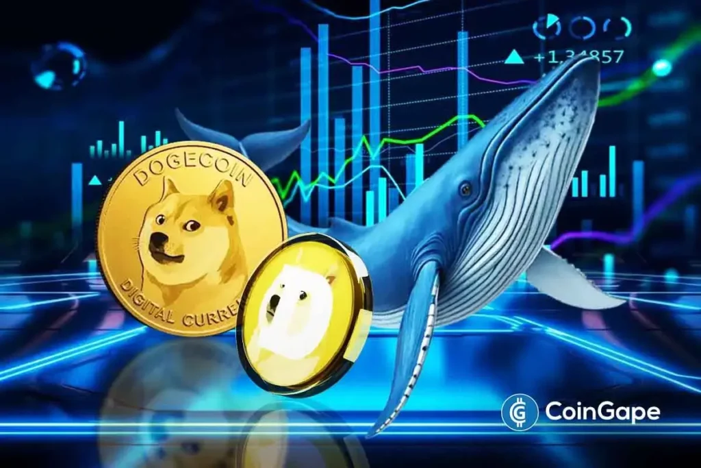 Arte digital mostrando moedas DOGE, baleia e gráficos financeiros ascendentes.