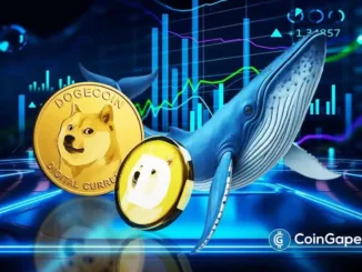 Arte digital mostrando moedas DOGE, baleia e gráficos financeiros ascendentes.
