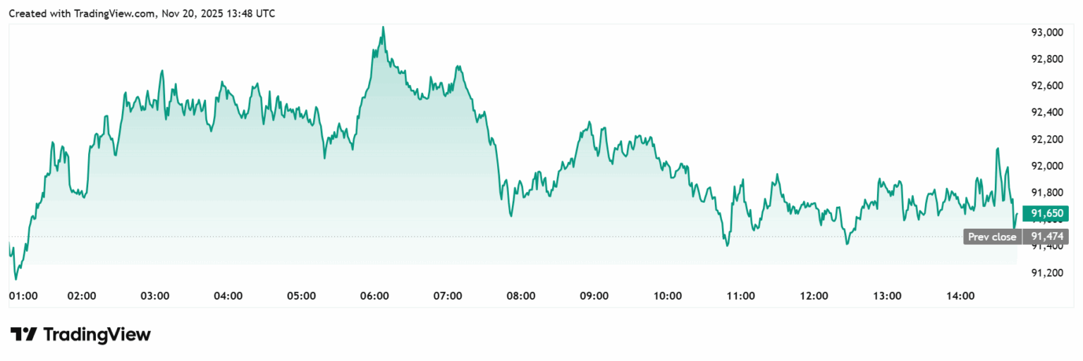 Gráfico do TradingView exibindo preço do Bitcoin durante o dia 20 de novembro de 2025