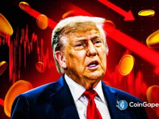 Donald Trump em primeiro plano com expressão preocupada, cercado por gráficos vermelhos de queda e moedas de criptomoedas em fundo vermelho, ilustrando as perdas do portfólio cripto da família.