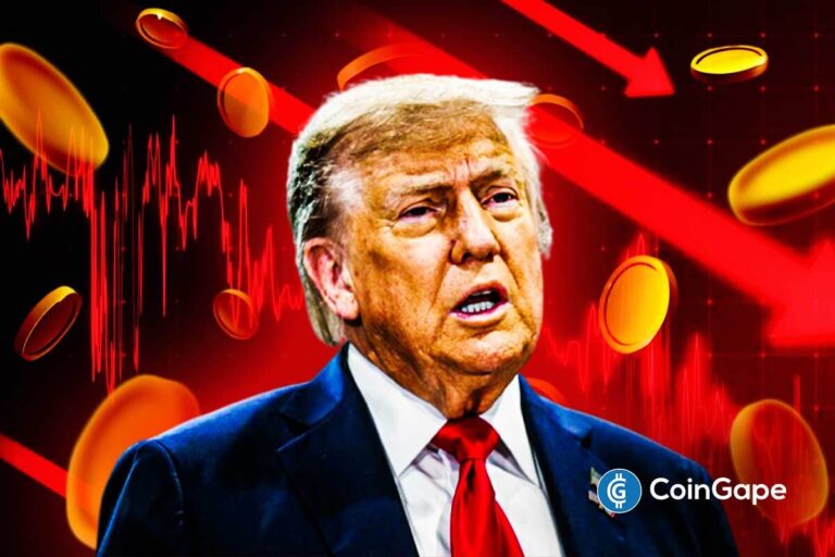 Donald Trump em primeiro plano com expressão preocupada, cercado por gráficos vermelhos de queda e moedas de criptomoedas em fundo vermelho, ilustrando as perdas do portfólio cripto da família.