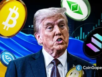 Ilustração mostrando símbolos de Bitcoin, Ethereum e outras criptomoedas com gráficos de valorização ao fundo, representando o impacto das negociações de paz da Ucrânia no mercado cripto.