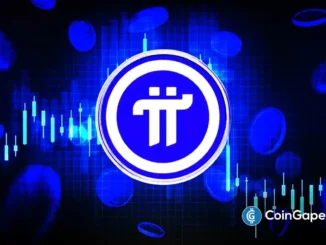 Logo da criptomoeda Pi Network em azul e branco com gráficos de trading ao fundo