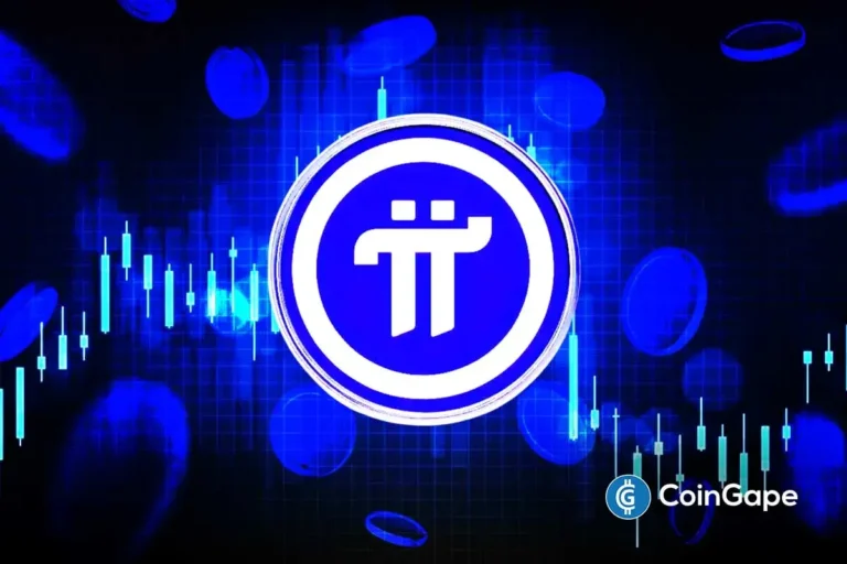 Logo da criptomoeda Pi Network em azul e branco com gráficos de trading ao fundo