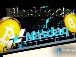 Moedas de Bitcoin, logo da BlackRock e marca da Nasdaq sobre gráficos financeiros, ilustrando a integração institucional do Bitcoin no mercado.