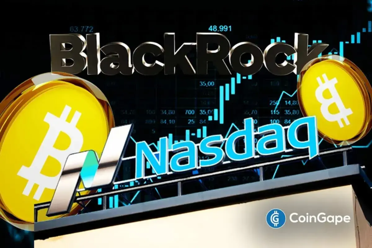 Moedas de Bitcoin, logo da BlackRock e marca da Nasdaq sobre gráficos financeiros, ilustrando a integração institucional do Bitcoin no mercado.