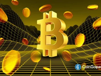 Ilustração 3D do símbolo do Bitcoin em dourado sobre fundo de grade digital com moedas voando ao redor.
